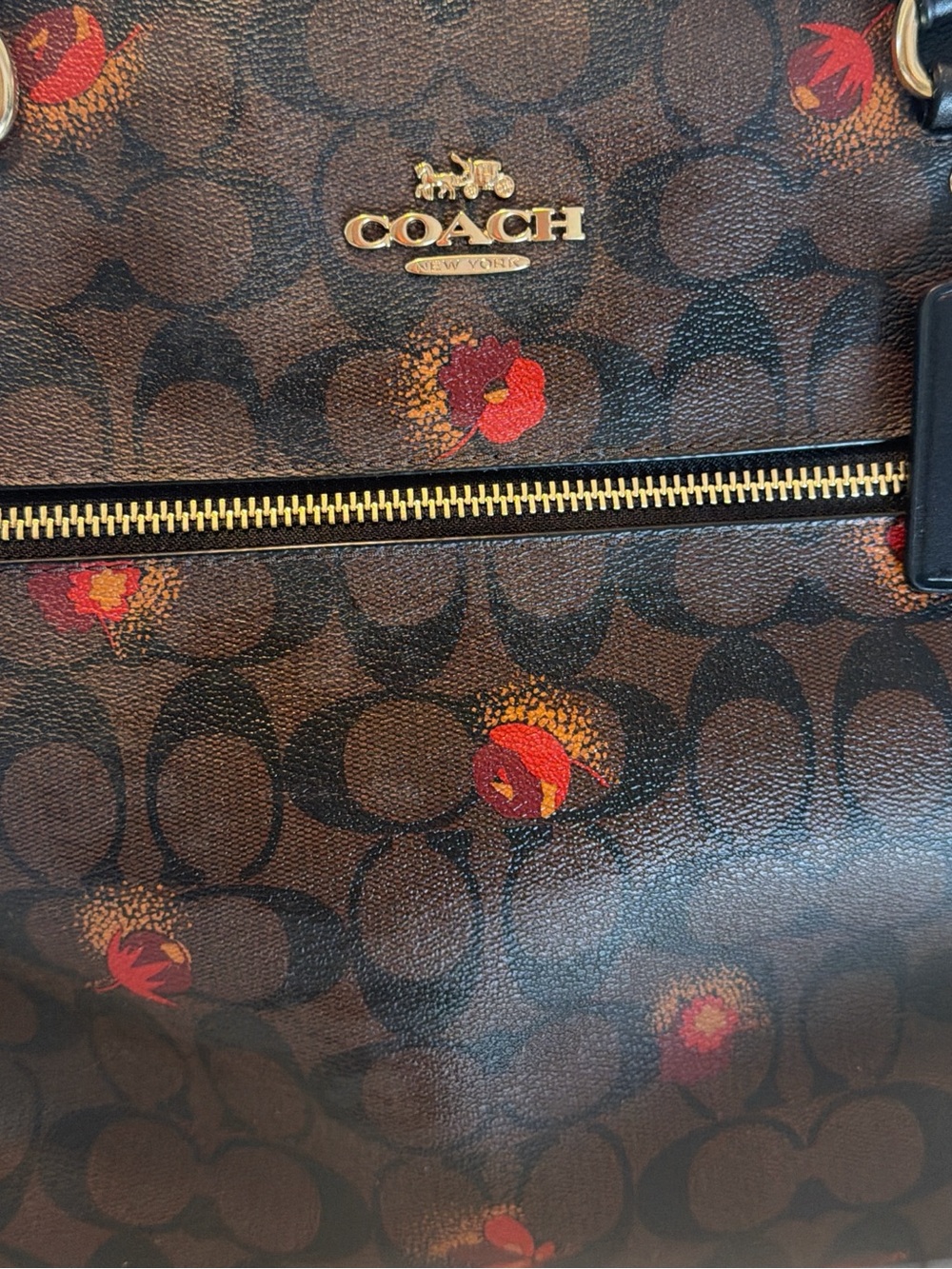 Coach Brown Signature Monogram Tote with Red Floral Accents - Picture 11 of 15